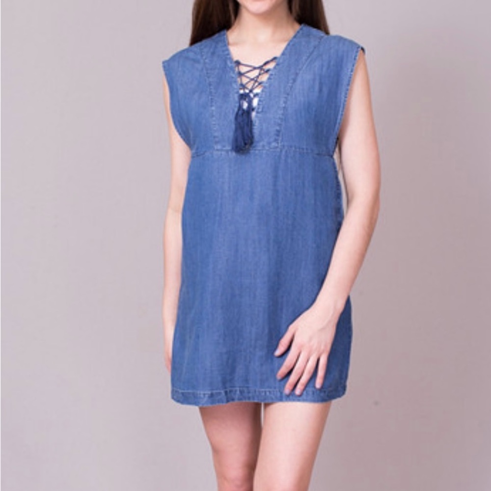 Knot Sisters Thalia Mini Dress Lace-Up V-Neck Hartley Chambray Linen Blend Sz M